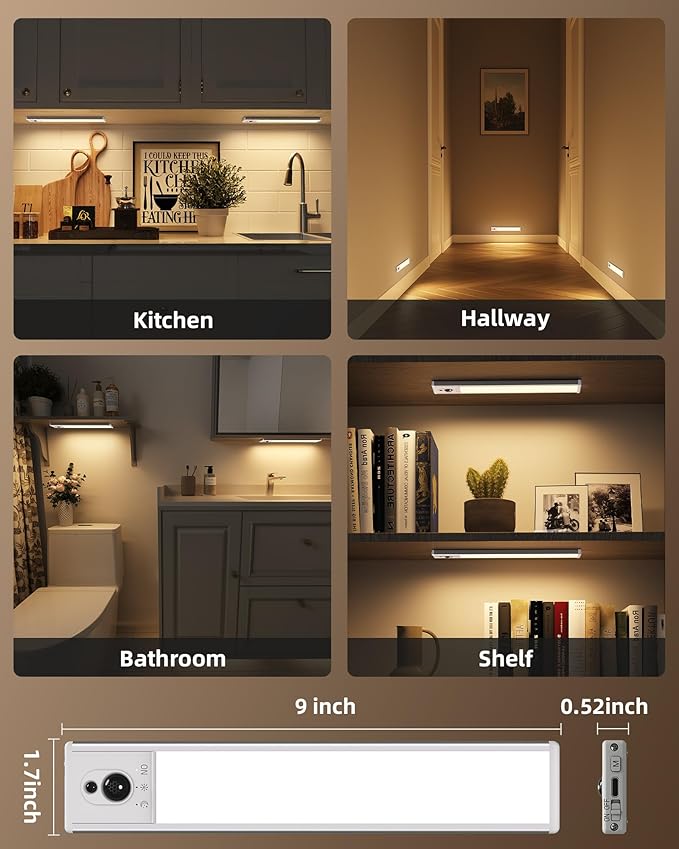 EZVALO 3-Pack Under Cabinet Lighting, 2400mAh Motion Sensor Light, LED Closet Lights Wireless, 3000K Dimmable, Timer, Magnetic, with Remote Control for Kitchen, Closet, Stair
