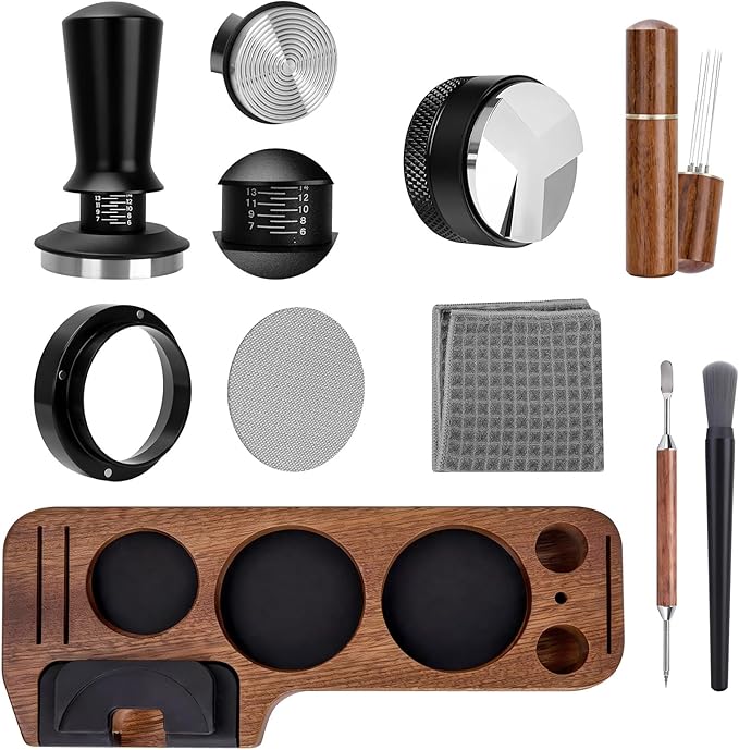 9 Pack Espresso Tamper Station&Coffee Distributor Tamper&Espresso WDT Stirrer&Coffee Tamping&Brush&Coffee Dosing Funnel&Espresso Puck Screen, Latte Art pen and Towel (51 mm)
