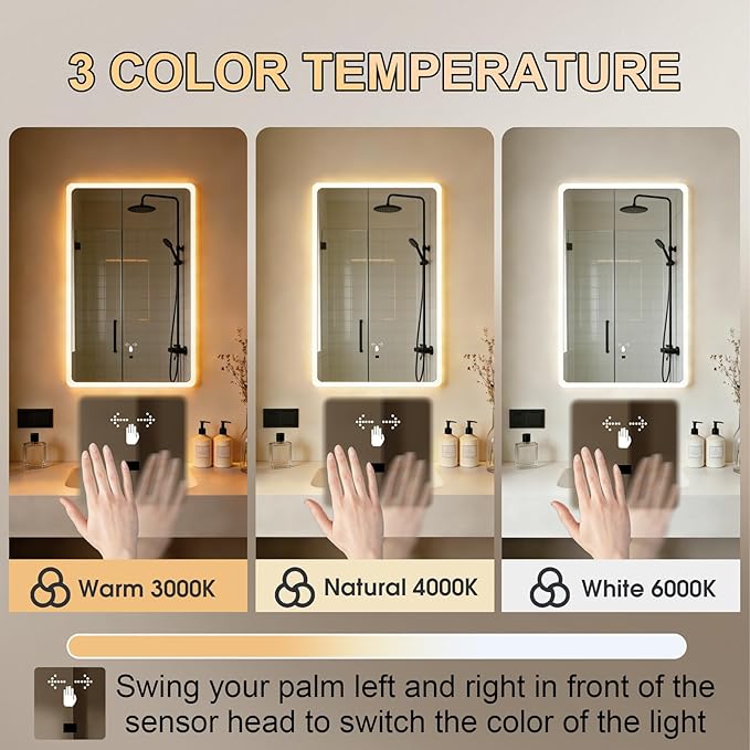 WARM&LOVE 16 x 24 Inch LED Bathroom Mirror, Hand Scan Sensor Anti-Fog Bathroom Mirror with Lights, Stepless Dimming, 3 Color Lighting, Lighted Bathroom Mirrors for Wall, Vertically Only