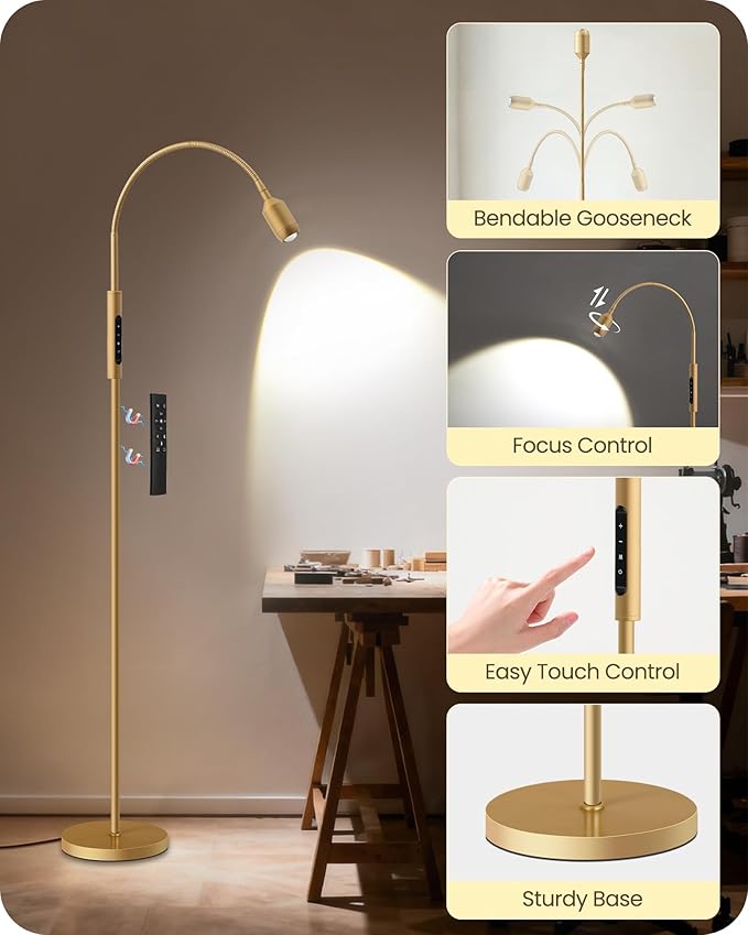 Reading Floor Lamp, 74.2" Tall LED Lamp, with 360° Flexible Gooseneck & Touch & Remote Control, Ajustable Color & Beam, Crafts Standing Lamp, for Reading, Task Craft, Living, WD16LD05
