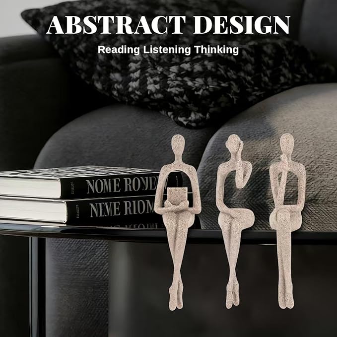 3Pcs Sandstone Resin Thinker Statue Accents Reading Women Sculptures, Abstract Art Ornament,Modern Neutral Home Decoration for Living Room Office Shelf Table Desk Bookshelf Décor