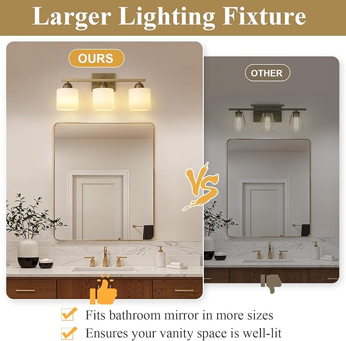Milk Glass Vanity Lights for Bathroom, 3 Light Brass Bathroom Light Fixtures Over Mirror, Ceramic E26 Sockets Wall Mounted