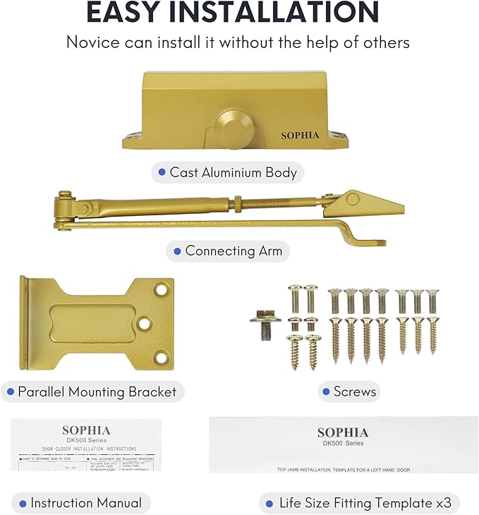 SOPHIA Automatic Door Closer Commercial, Auto Door Closer for Home Size 3 DK500, 3H Fire-Rated Hydraulic Door Closer Residential & Life Size Fitting Template, UL Listed, ANSI Grade 3, Brass