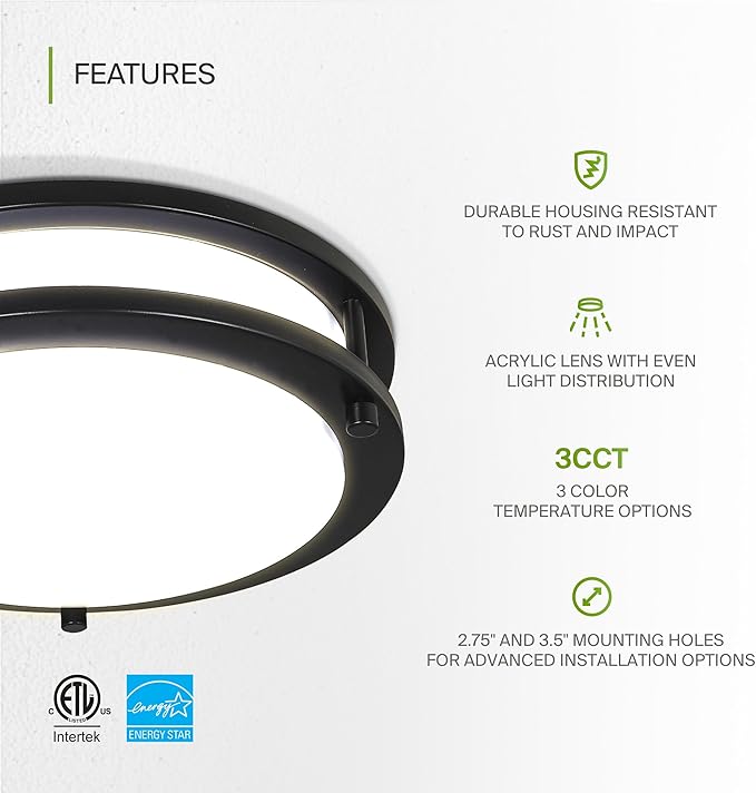 ASD LED 10" Round Flush Mount Lighting, Close to Ceiling Light Fixture | 3CCT, Dimmable, Energy Star, ETL Listed | 16W 1041LM 3000K-5000K 120V | Low Profile Double Ring Lamp | Black