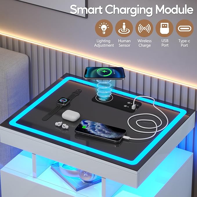 LED Nightstand with Wireless Charging Station,White Night Stand with 2 Drawers,Glass Top Smart Bedside Table,Modern End Table Side for Bedroom,Living Room,Office