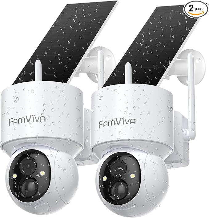 2K Solar Security Cameras Wireless Outdoor, 360°PTZ Battery Powered Cameras for Home Security, 2.4G WiFi Outdoor Camera with Color Night Vision, IP66 Waterproof, Motion Sensor Alarm, White，2Pack