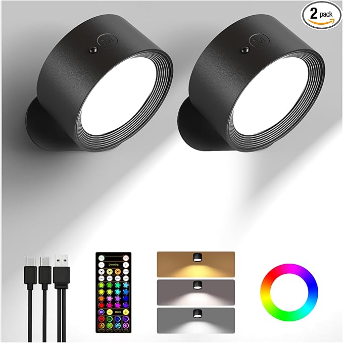 Wall Mounted Lights, 2 Pack Rechargeable RGB Color Changing Light, 3 Color Temps & Remote and Touch, 360°Rotation Dimmable Cordless for Study Bedroom Reading Bedside (Black)
