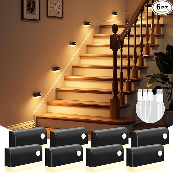 VOLISUN Motion Sensor Night Light, Rechargeable Stair Lights Indoor, Battery Operated Night Light for Hallway, Stairway, Bathroom, Bedroom, Kitchen, 3 Modes & 3 Color Temperatures(8 Pack Black)