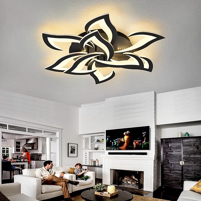 HuixuTe 31" Black Modern Geometric Dimmable Ceiling Light Fixture, 9 Leaves Low Profile Flush Mount Ceiling Light for Kitchen, Bedroom, Living Room