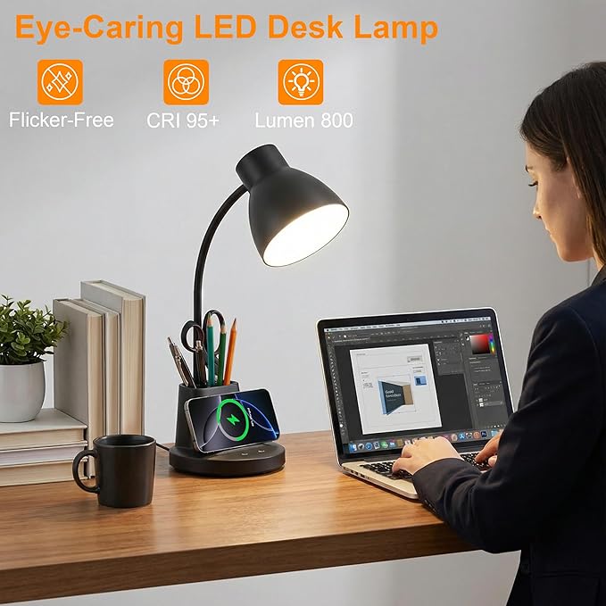 Sailstar Desk Lamp with Wireless Charger, 3 Color Modes Dimmable Desk Lights with Pen Holder, 800LM CRI 95+ Neck Flexible Desk Lamp for Home Office, College Dorm, Studying, Working, Adapter Included