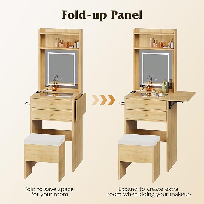 WLIVE Small Vanity Desk with Mirror and Lights, Dressing Table with 2 Drawers, Fold-up Panel and Chair, Makeup Vanity Set with Charging Station for Small Space, Bedroom, Natural Oak