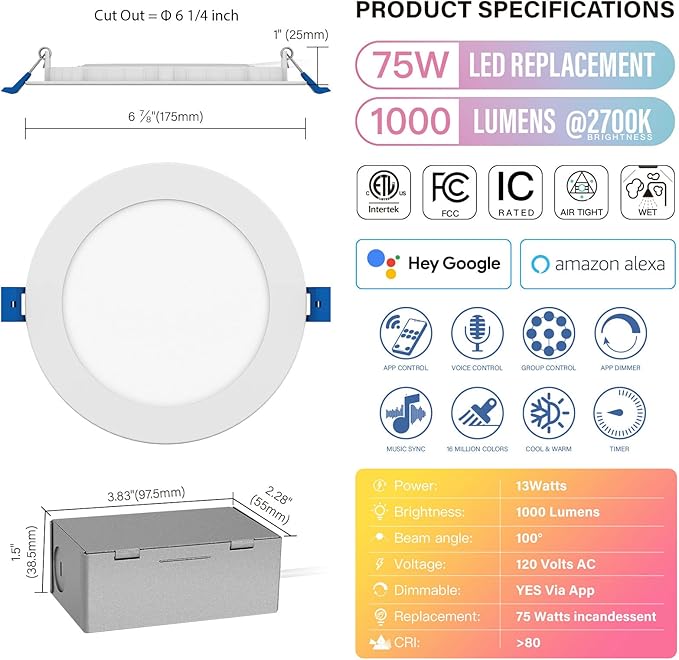 6" LED Smart Slim Recessed Pot Light, WiFi APP & Voice Control, 120VAC, 13W, 1000LM, RGB + 2700K-6000K, ETL & FCC & IC Rated, Wet Location, Compatible with Alexa/Google Home, White - 4 Packs
