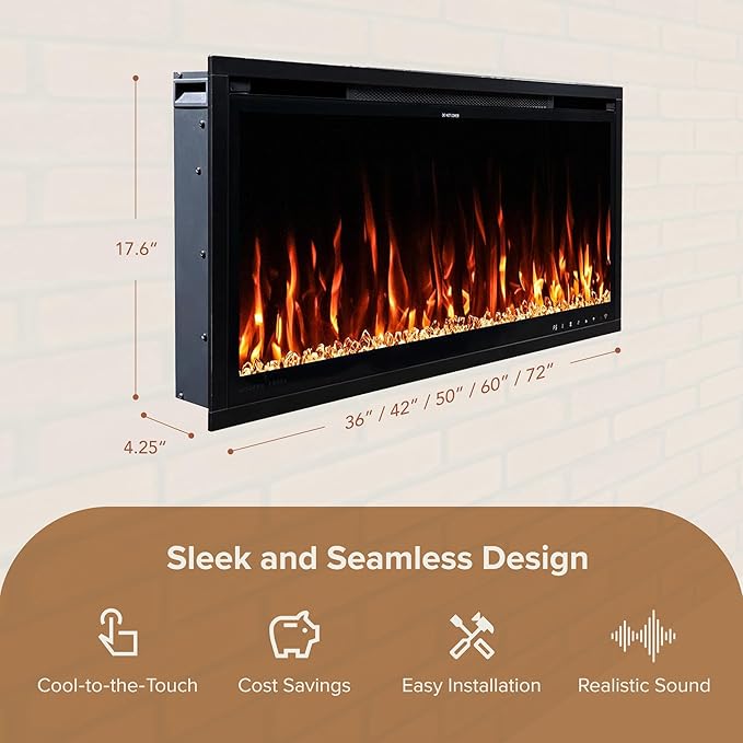 Modern Ember Aerus Slim 36 Inch Smart Linear Electric Fireplace | Recessed in-Wall or Wall-Mount | LED Multiple Flame Colors | Alexa/WiFi Enabled | 4.25” Profile | Remote Included