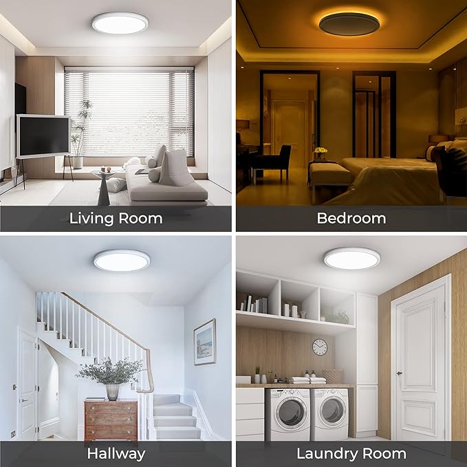 Matane 2Pack LED Flush Mount Ceiling Light Fixture with Night Light, 12inch 24W 2400LM 3000K/4000K/5000K Selectable, Dimmable LED Ceiling Lights for Bedroom, Dining Room, Kitchen, Round White