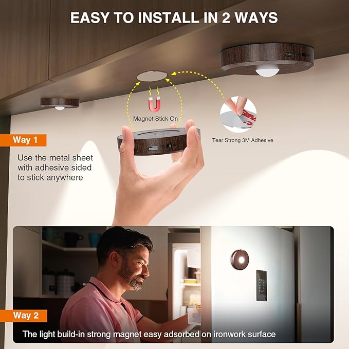 Puck Lights with Remote Control Rechargeable,Wireless Under Cabinet Lighting,2000mAh Battery Operated Tap Push Touch Lights,Stick On Lights for Counter,Shelf,Bookcase (Wood Color, 5 Pcs)