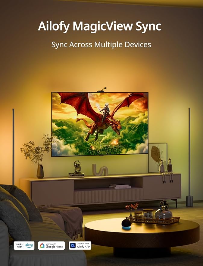Ailofy TV LED Backlight with HD Wide-Angle Camera for 75-85 Inch TVs, Full-Screen Color Sync Lights for Gaming, Movies & Streaming, App Control, Works with Alexa & Google Assistant