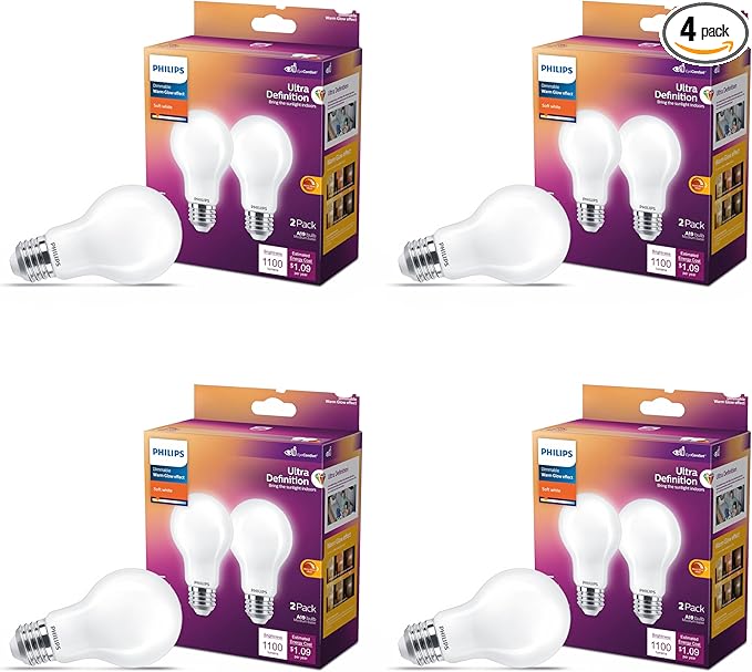 Philips LED 75W A19 8-Pack Ultra Definition Soft White (2700K) 1100 Lumen (9W = 75W) Dimmable Frosted Flicker-Free Light Bulbs