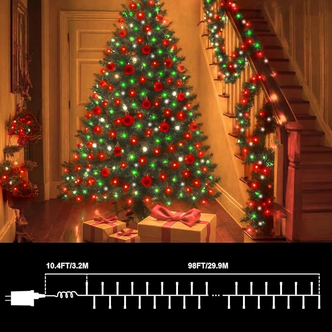 LAMPHOME Red Green White Christmas String Lights, 300 LED 99 FT Connectable Waterproof String Lights Transparent Wire with16 Modes, Xmas Vintage Decorations for Indoor Outdoor Party Yard Garden Decor