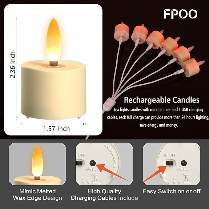 LED Rechargeable Tea Lights Candles with Remote, 6 pcs Battery Operated Tealights with Flickering Flame, USB Charging Cable, Timer Votive Candles for Wedding Decor Christmas Party