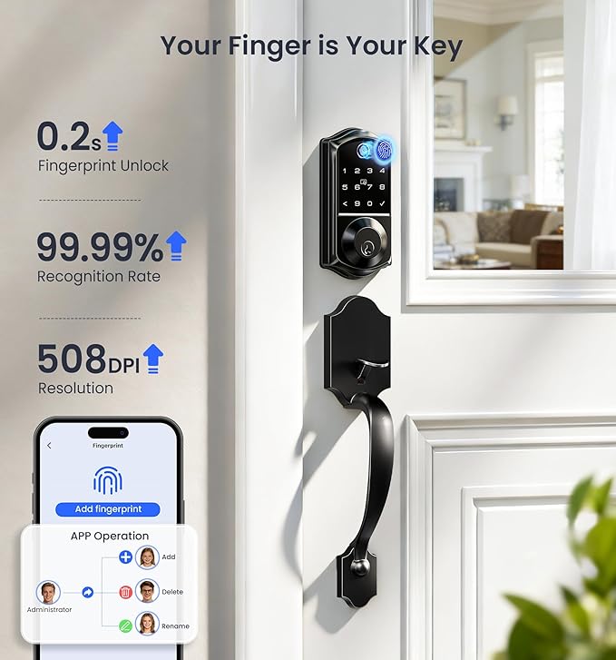 Veise VE017-H Fingerprint Smart Front Door Lock Set, App Control, 8-in-1 Keyless Entry Deadbolt with Zinc Alloy Handles, Emergency Power Port, Touchscreen Keypad, Auto Lock, Easy Install, Matte Black