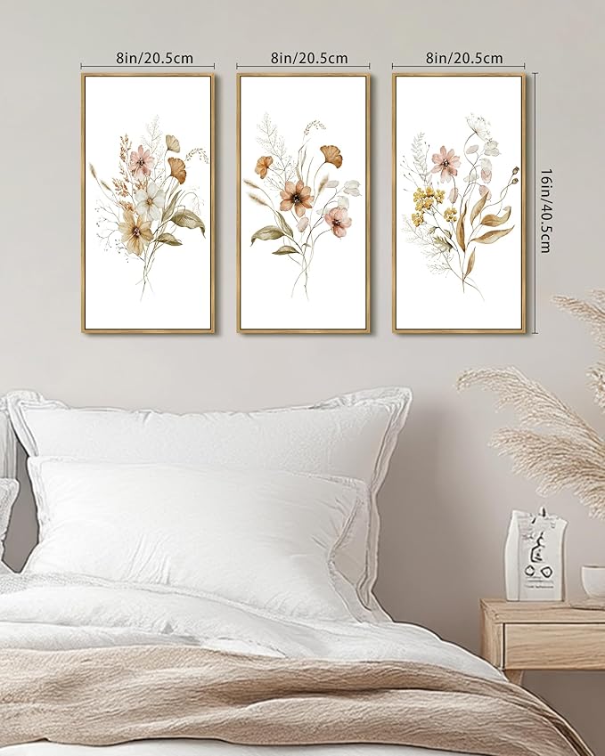 KUVIOKE Floral Wall Decor Colorful Bouquet Wall Decor Botanical Pictures for Office Dining Room Hallway Wall Art 8x16in3pcs Natural Framed