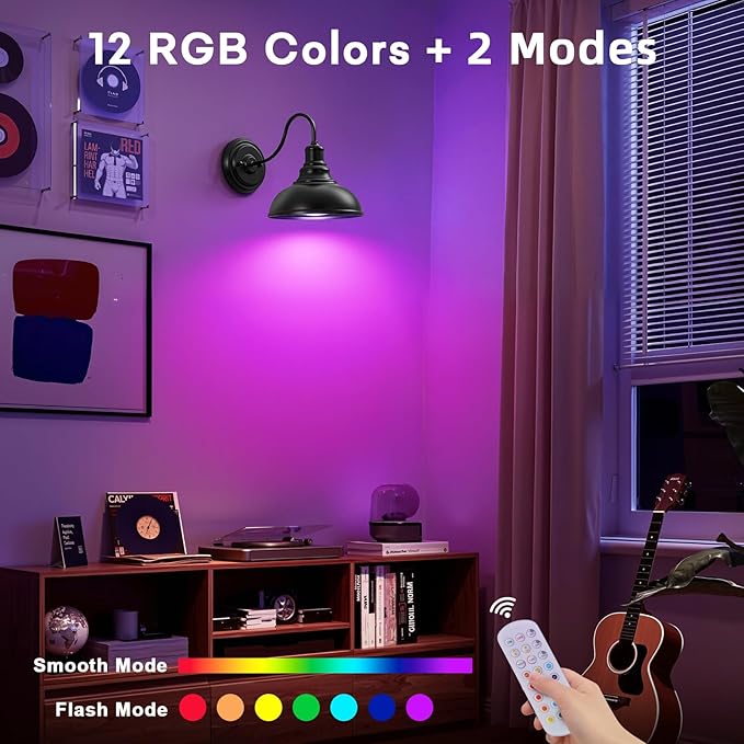 Lightess Black Battery Operated Wall Sconces Set of Two, Vintage Wireless Wall Lights with Rechargeable 12 Colors Bulbs, Dimmable Cordless Gooseneck Wall Decor Lamps with Remote Control