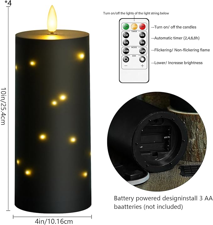 10" x 4" Large Outdoor Waterproof Flickering Flameless Candles with Timer,4Pcs Battery Operated LED Pillar Candles with Embedded Star String for Outdoor Lanterns,Porch,Patio Decor(Black)