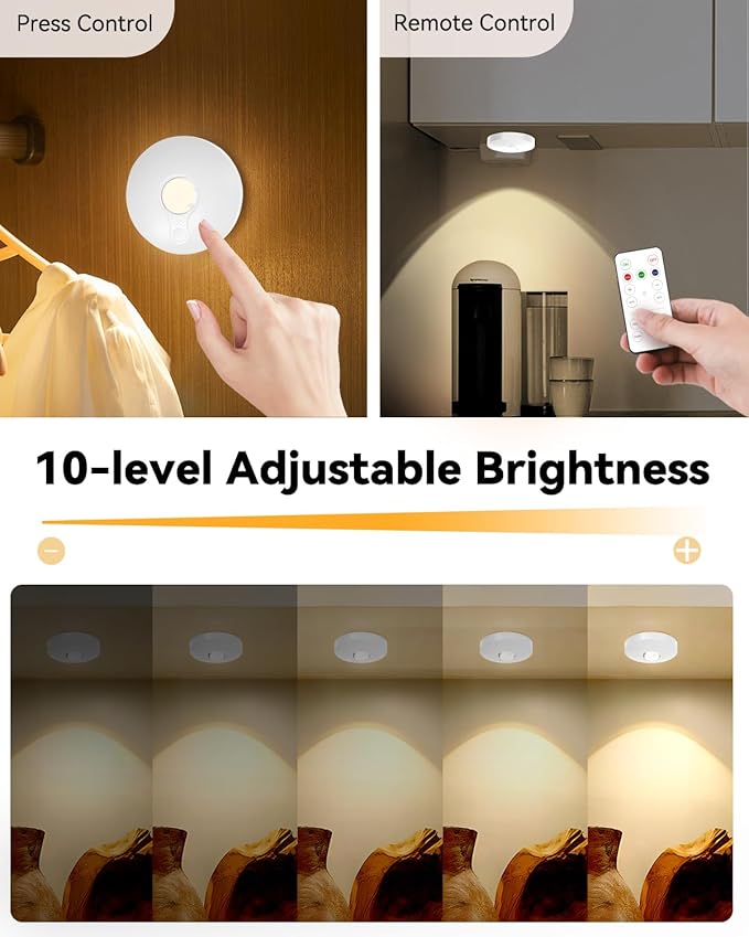 Rechargeable RGB Puck Lights with Remote Control, 1500mAh Battery Operated Push Lights, Dimmable & Timer Under Cabinet Lighting for Closet, Bedroom, Kitchen White 3Pcs