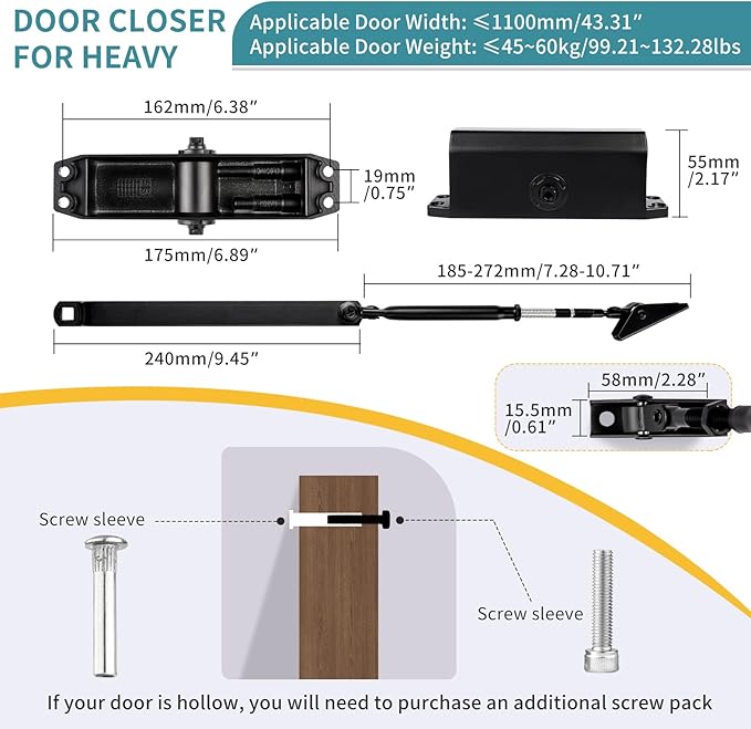 Medium Duty Hydraulic Door Closer for Commercial & Residential Use - Perfect for Screen Doors, Garage Entry, and Interior Doors with Soft Close Technology - Adjustable Automatic Door Closing Mechanism