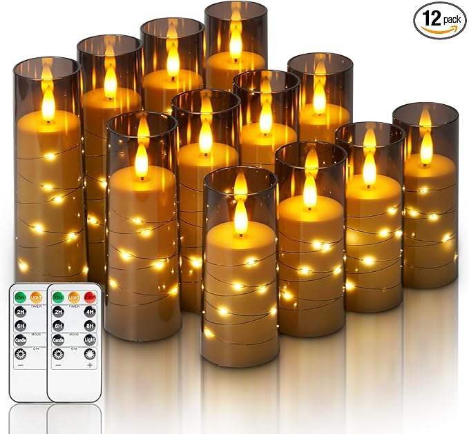 Homemory 12Pcs Flameless Candles with Star String Fairy Lights, Flickering Battery Operated Candles, LED Fake Candles with Remote and Timer, Halloween, Weddings, Home Decor, Grey