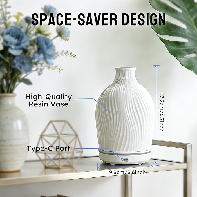 Essential Oil Diffuser 150ml, Resin Material Aromatherapy Diffuser with 1/2/4H Timer, 7 Color Lights, Auto Shut-Off, Whisper-Quiet Ultrasonic Humidifier for Home Bedroom Office (White)