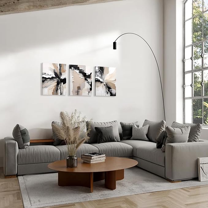 3pcs Framed Black Beige Netural Wall Art,Modern Geometric Abstract Wall Decor Living Room,Beige Black Abstract Marble Canvas Wall Art Posters Prints for Bathroom Bedroom Home Decoration,12x16inch