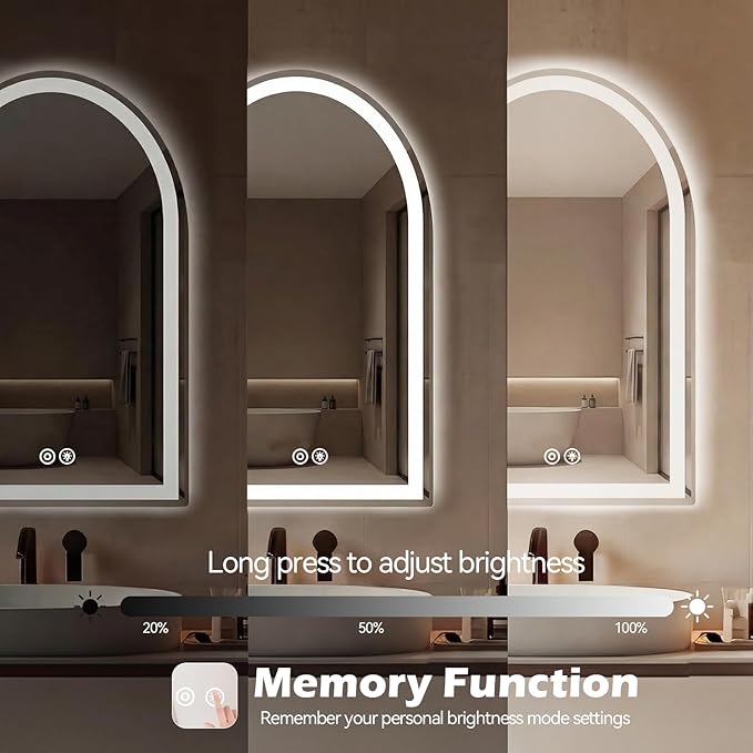 Sweetcrispy 20"×28" LED Bathroom Mirror with Lights, Arched Vanity Mirror with Anti-Fog, Dimmable, 3-Color Light, Memory Function, Tempered Glass