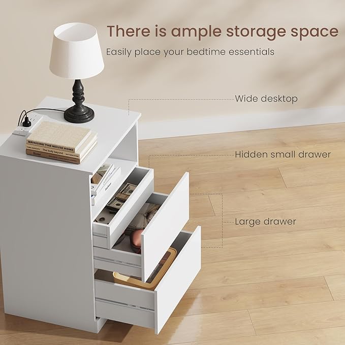 Nightstand with Charging Station and LED Light, 26" H with Hidden Drawer, 3 Drawers, Modern Night Stand for Bedroom, White