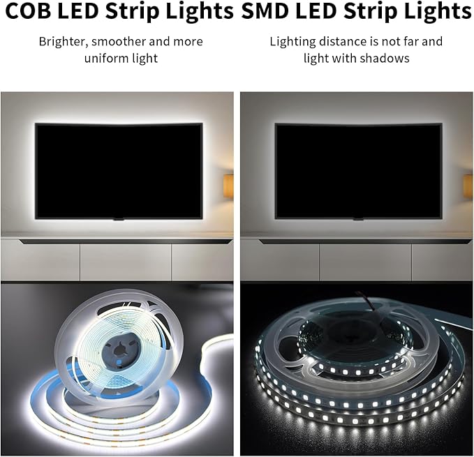32.8FT/10M COB LED Strip Light, White 6000K LED Tape Lights, 8mm Width LED Lights, CRI93+ Dimmable Flexible Lights Kit for Bedroom TV Backlight Kitchen Mirror Decor(Plug Inclued)