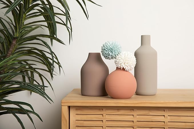 Ceramic Vase Set of 3 - Modern Farmhouse Decorative Vases for Home Decor. Boho, Rustic Vase, Small Neutral Pottery Vase Sets for Table, Shelf, Entryway, Living Room, Kitchen, Bedroom, Bathroom, Office