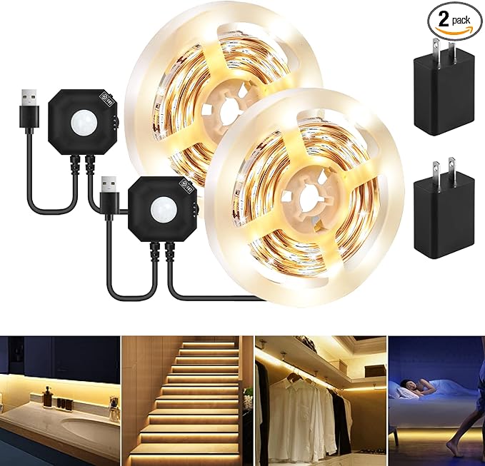 HOUHUI Motion Sensor LED Light Strip, 2PCS 9.8Ft Motion Sensor Light Indoor with Automatic Shut-Off Timer, Motion Activated Bed Lights Under Cabinet Lighting Kit for Bedroom Home Hallway-Warm White