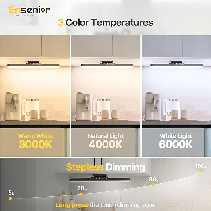 Motion Sensor Light Indoor, Rechargeable Under Cabinet Lighting with Remote Control Digital Battery Display, Dimmable Magnetic LED Closet Lights, 3 CCT Stick on Lights for Kitchen, Hallway, Stairs