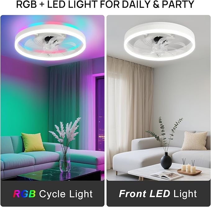 RGB Ceiling Fans with Lights, 16" Fandelier Low Profile Ceiling Fan with Light, Modern Flush Mount Ceiling Fan Light with Remote/APP Control, Bedroom Chandelier Fan Fixture for Indoor(White)