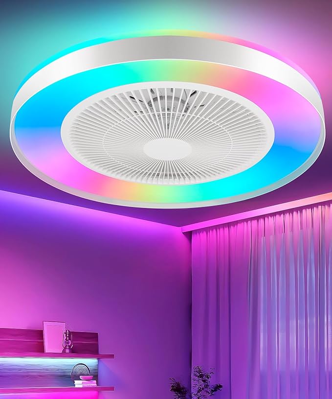 2-in-1 Low Profile Ceiling Fan with Light, 20” Caged Safety Design for Kids - RGB Color, Smart APP/Remote Control, Quiet Flush Mount DC Motor, Metal, Ideal for Bedroom/Living Room/Kitchen, White