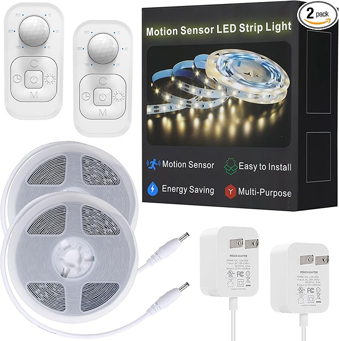 Motion Sensor Under Cabinet Lights - Plug-in LED Strip Lights Indoor With UL FCC Approved Adapter, Dimmer And Timer For Kitchen Cabinet, Counter, Shelf, Showcase, Stairway, Bedroom, Corridor, Washroom