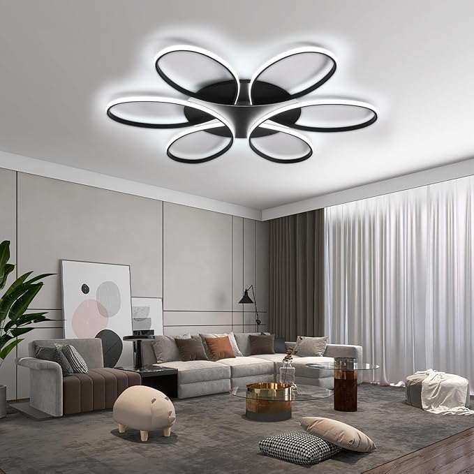 Modern LED Ceiling Light Fixture Black Flush Mount Ceiling Lamp with Remote Control Dimmable 6 Rings Flower Shaped Ideal for Living Room Bedroom Dining Room Kitchen(120CM/47.3IN)