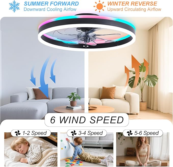 16 Inch RGB Low Profile Ceiling Fans with Lights, Modern Flush Mount Fandelier Chandelier Fixture, Remote & APP Control, Black LED Ceiling Fan Light for Bedroom, Living Room, Kitchen Indoor