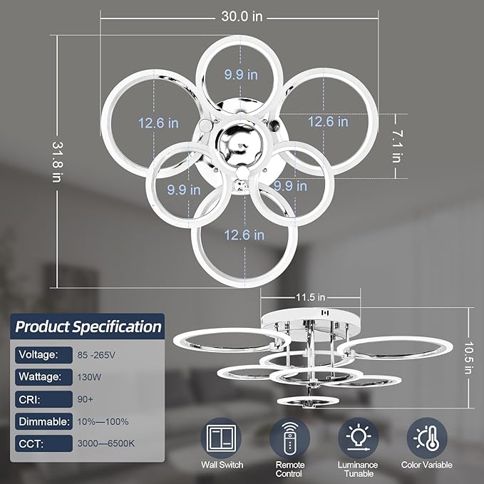 7-Ring Modern LED Flush Mount Ceiling Light - 31.8" Dimmable Close-to-Ceiling Fixture with Remote Control, 130W 3000K-6500K Adjustable Color Temperature for Bedroom, Living Room (Chrome)