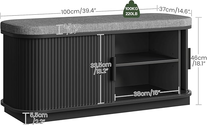 Shoe Storage Bench, Entryway Bench with Storage, Shoe Bench with Cushion and Sliding Door, Fluted Storage Bench, Entry Bench for Entryway, Hallway, Living Room, Bedroom, Black and Gray MHX02BB