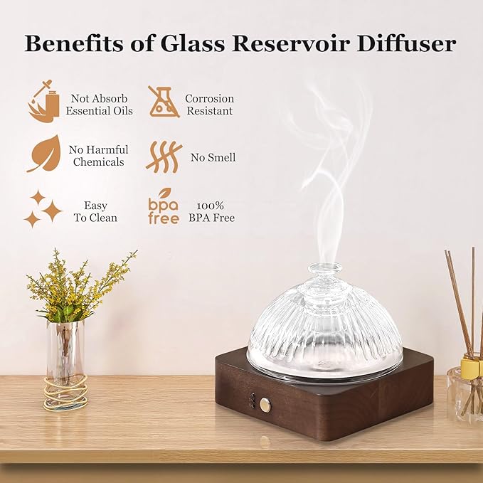 Glass Essential Oil Diffuser with Glass Reservoir & WoodBase, 200ml Ultrasonic Lock Color Timer Auto-Off 7 Color Light Aroma Glass Dome Diffuser for Home Office Bedroom Yoga - Dark Brown