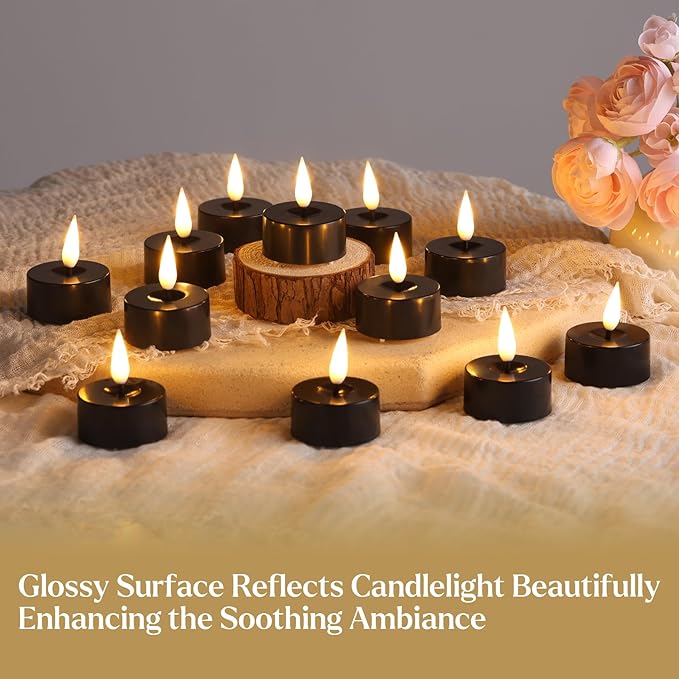 Eywamage Black Flameless LED Tealights with Timer, Flickering Battery Operated Tea Lights Votive Candles Set of 12