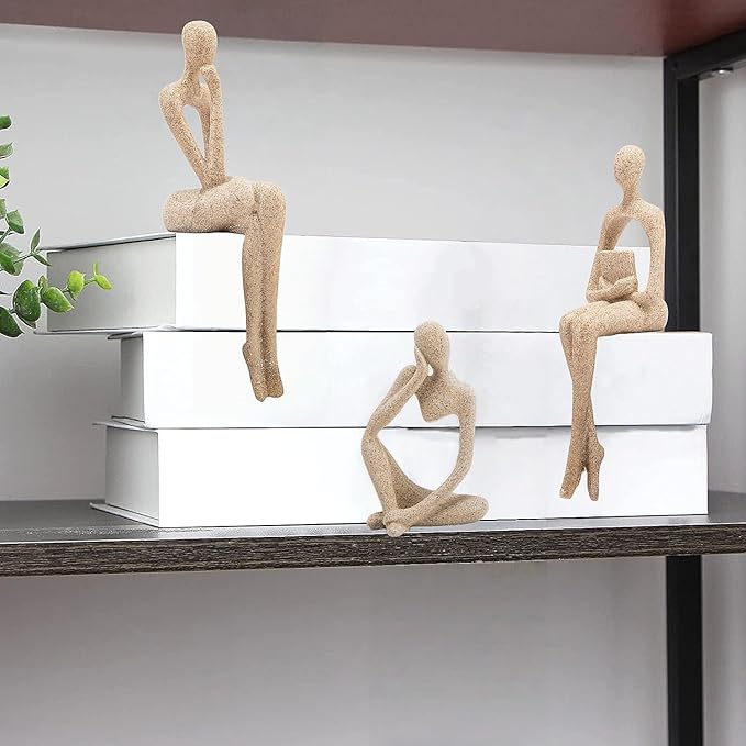 Gold Home Decor Thinker Statue Accents, Set of 3 Thinker Sculptures Office Decor Modern Abstract Resin Decoration on Shelf Table Desk for Living Room Office Bedroom Bookshelf Decor (Small Sandstone)