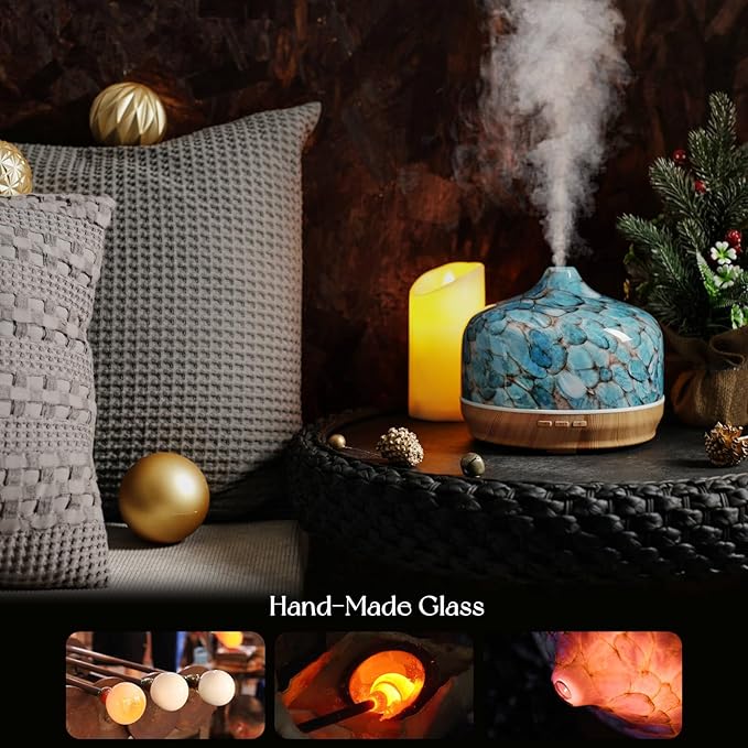 Porseme 500ml Glass Essential Oil Diffuser Aromatherapy Ultrasonic Cool Mist Humidifier 15-21 Running Hours Diffusers with Remote Control for Sleeping Yoga Working Spa(Blue）