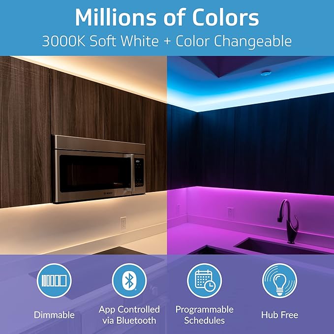 TrueColor Smart LED Strip Lights - 2M USB Tape Light With Bluetooth Light Control - App Controlled & Programmable LED Lights - RGB Color Changeable + Soft White - Dimmable USB Smart Light - 6.6 ft